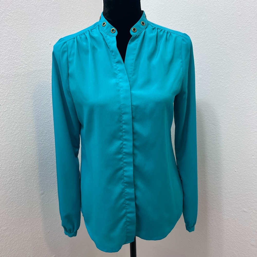 MICHAEL KORS Turquoise Long Sleeve Button Front Blouse Top Size Small